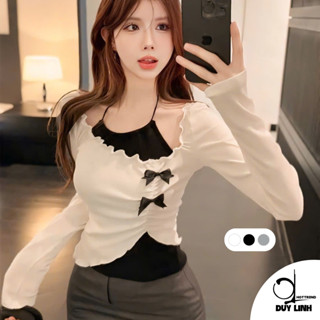 Áo cổ yếm nữ tay dài trễ vai phối nơ vạt chéo cực xinh DuyLinh áo kiểu nữ ôm body tôn dáng DL15TD