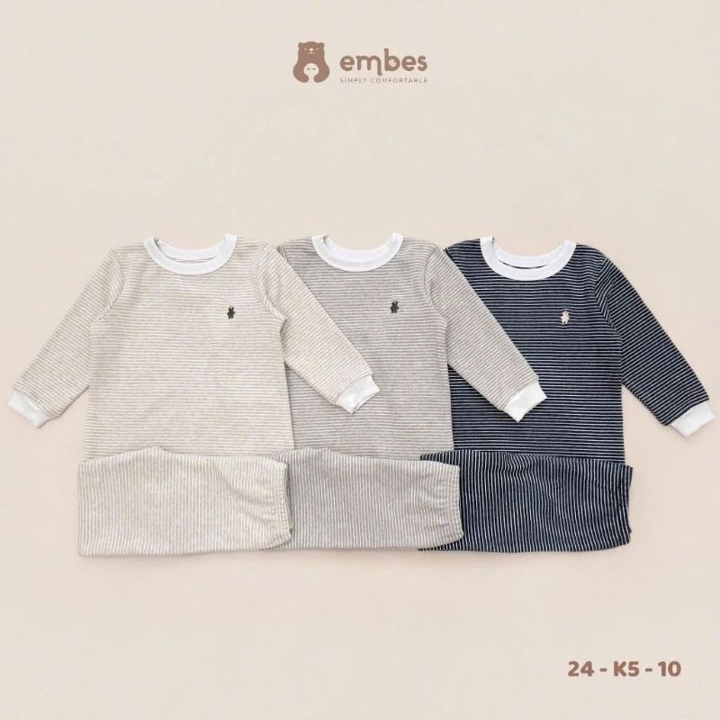Bộ dài tay kẻ thêu gấu chất thun cotton cho bé trai bé gái, đồ bộ thu đông cho bé