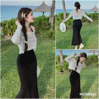 Sét đồ nữ đầm thun tăm lạnh cột dây cổ kiểu dáng dài kèm áo ren tay dài trẻ trung xinh xắn