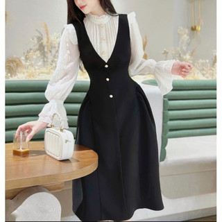 Đầm Tiểu Thư Thiết Kế Dáng Yếm Dài Phối Sơ Mi Voan Tay Loe