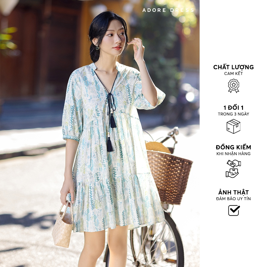 Đầm suông tunic thô lụa hoạ tiết tunic xanh 411DR40101 ADORE DRESS
