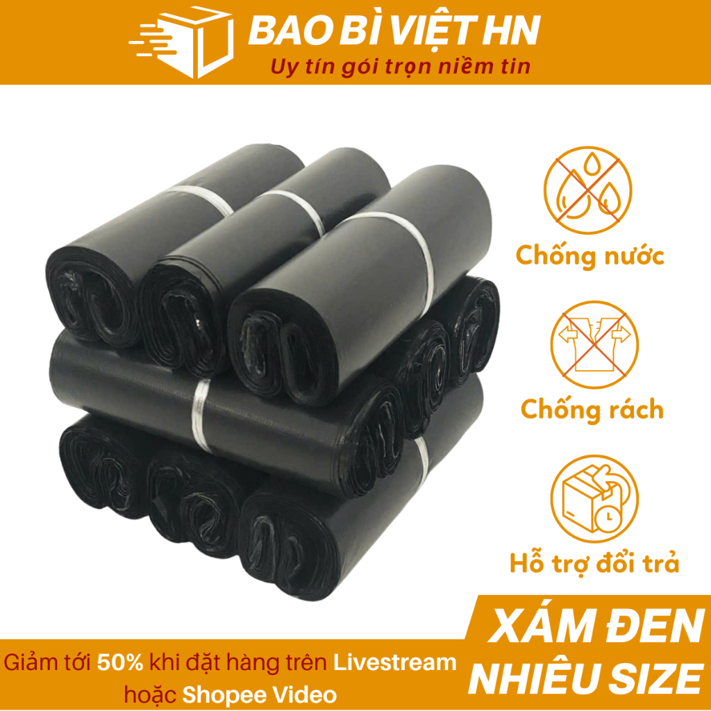 HỎA TỐC Túi Niêm Phong Màu Xám Đen Nhiều Size, Siêu Dai Chống Nước, Túi Đóng Gói Hàng PE 3 Lớp - BBV