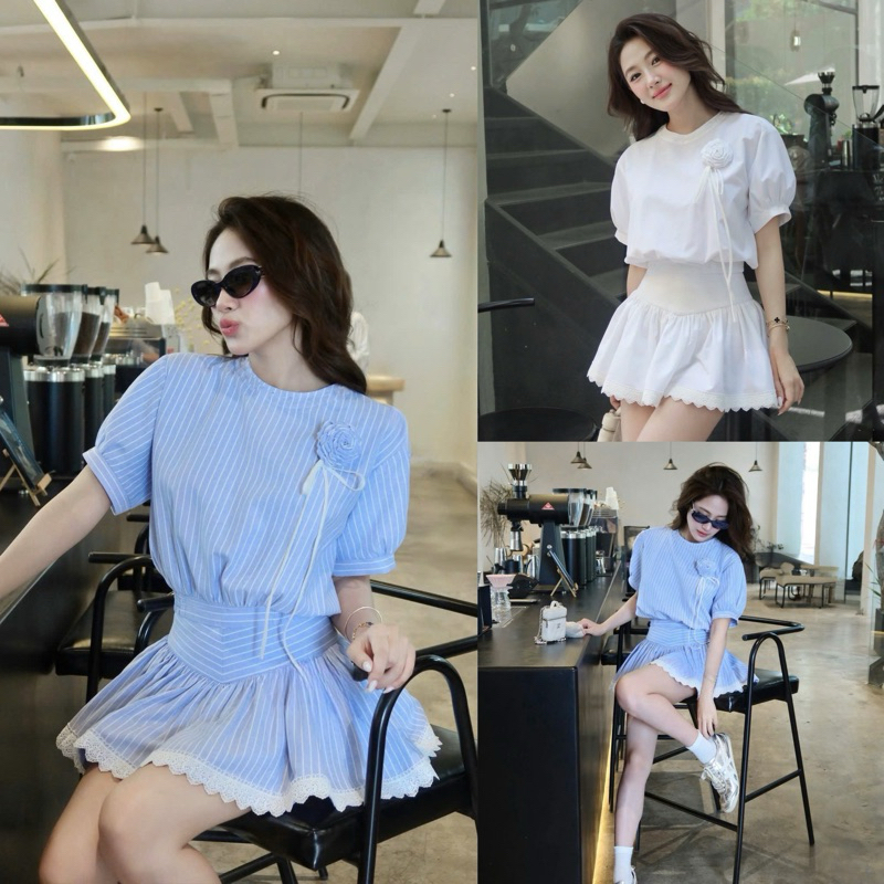 Set Áo Thô Tay Phồng Kèm Hoa Rời Mix Chân Váy Xoè Pha Ren Có Lót Quần 2 Màu Siêu Xinh ( tag hoa rời )