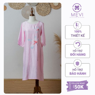 Váy hồng tay lửng cổ tròn in hình hoa chất linen thời trang MEVI _V5020