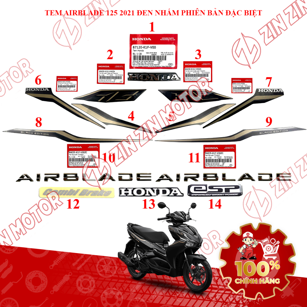 Tem AB 2020 Zin, Tem Rời Xe AirBlade 125 Đen Nhám 2021 Phiên Bản Đặc Biệt Chính Hãng - ZZM