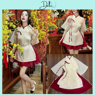 Set Váy Cổ Tàu Cách Tân Dáng Ngắn 4 Tà Chất Liệu Voan Tơ + Chân Váy Xoè Đỏ