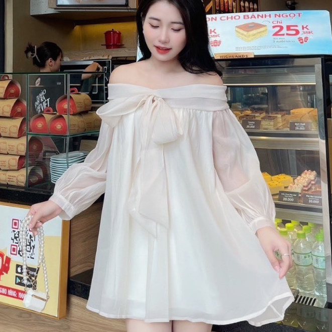Váy áo babydoll trễ vai tay phồng nơ ngực tơ mềm 2 lớp dày dặn,đầm bánh bèo tiểu thư dự tiệc sang chảnh V203 SUTANO | BigBuy360 - bigbuy360.vn