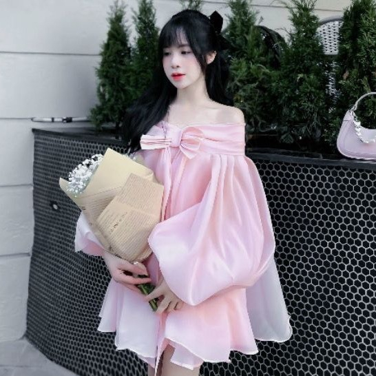 Váy áo babydoll trễ vai tay phồng nơ ngực tơ mềm 2 lớp dày dặn,đầm bánh bèo tiểu thư dự tiệc sang chảnh V203 SUTANO | BigBuy360 - bigbuy360.vn