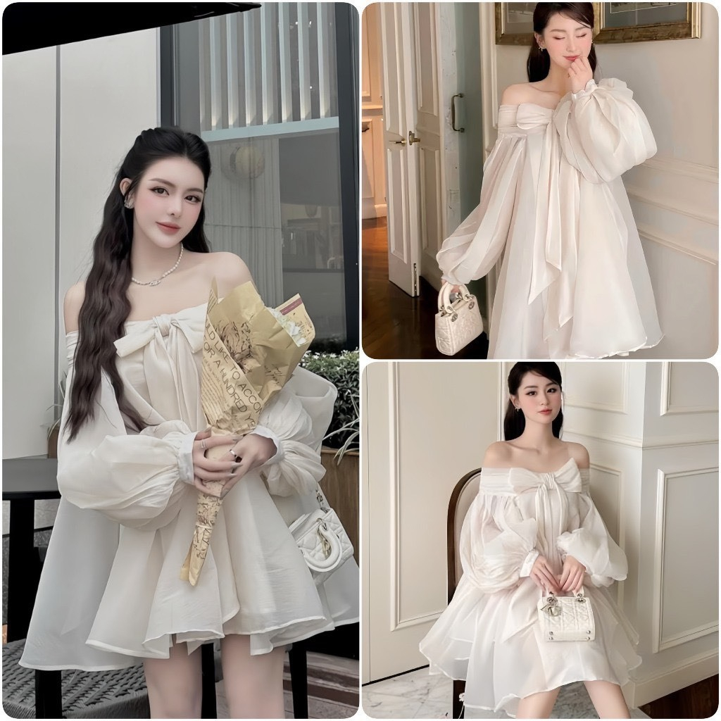 Váy áo babydoll trễ vai tay phồng nơ ngực tơ mềm 2 lớp dày dặn,đầm bánh bèo tiểu thư dự tiệc sang chảnh V203 SUTANO | BigBuy360 - bigbuy360.vn