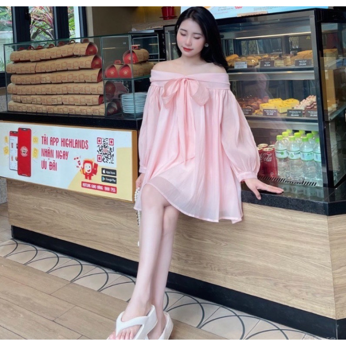 Váy áo babydoll trễ vai tay phồng nơ ngực tơ mềm 2 lớp dày dặn,đầm bánh bèo tiểu thư dự tiệc sang chảnh V203 SUTANO | BigBuy360 - bigbuy360.vn