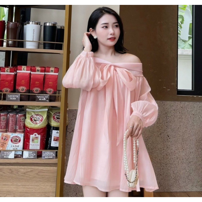 Váy áo babydoll trễ vai tay phồng nơ ngực tơ mềm 2 lớp dày dặn,đầm bánh bèo tiểu thư dự tiệc sang chảnh V203 SUTANO | BigBuy360 - bigbuy360.vn