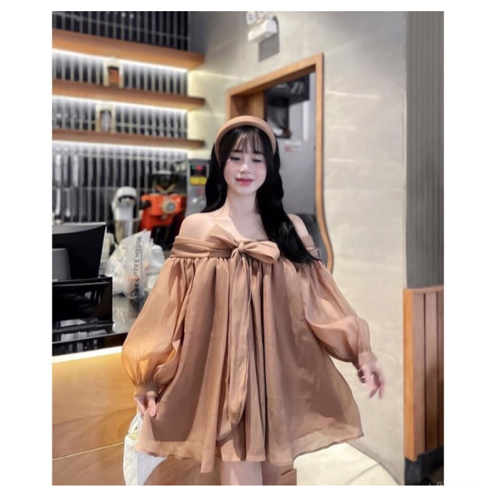 Váy áo babydoll trễ vai tay phồng nơ ngực tơ mềm 2 lớp dày dặn,đầm bánh bèo tiểu thư dự tiệc sang chảnh V203 SUTANO | BigBuy360 - bigbuy360.vn