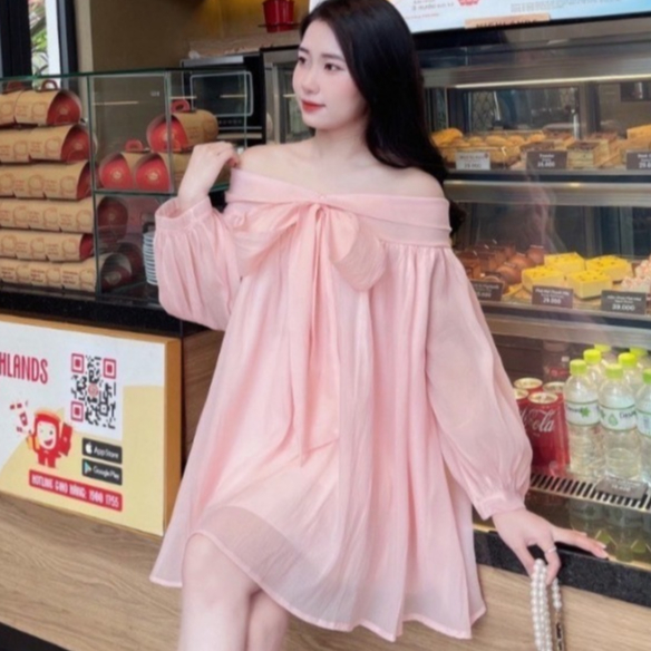 Váy áo babydoll trễ vai tay phồng nơ ngực tơ mềm 2 lớp dày dặn,đầm bánh bèo tiểu thư dự tiệc sang chảnh V203 SUTANO | BigBuy360 - bigbuy360.vn