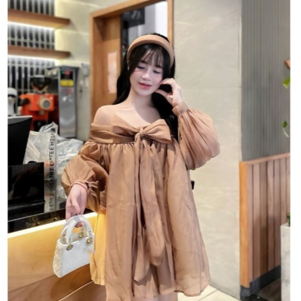 Váy áo babydoll trễ vai tay phồng nơ ngực tơ mềm 2 lớp dày dặn,đầm bánh bèo tiểu thư dự tiệc sang chảnh V203 SUTANO | BigBuy360 - bigbuy360.vn