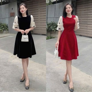   XẢ KHO  váy đầm nhung tiểu thư phối tay voan nơ cách điệu sang chảnh mặc tết dự tiệc V180 SUTANO 
