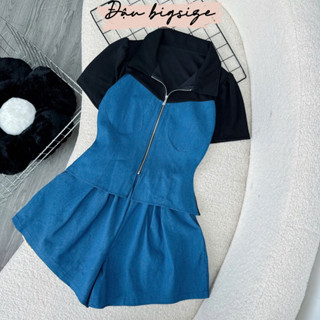 Set bộ bigsize nữ áo tay ngắn cổ bẻ kèm quần đùi ống rộng lưng thun chất jeans giấy pha thun ruby cao cấp - SET839