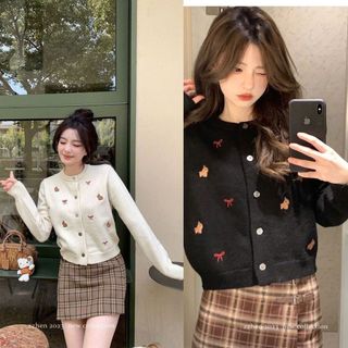  Áo Khoác Len Dệt Kim Áo Cadigan Len Lông Thỏ Chất Mềm Cổ Tròn Dáng Lỡ Hoạ Tiết Thêu Chó Mũ Kèm Nơ Siêu Xinh Tongkhominh 