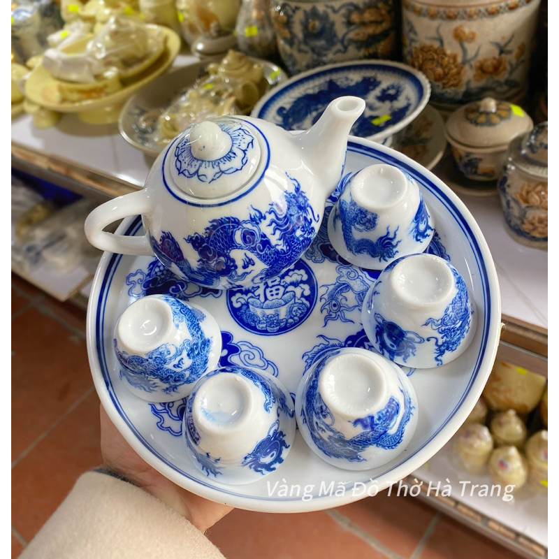 Bộ Ấm Chén Trà Thờ, Ấm Chén Thờ Men Lam Bát Tràng