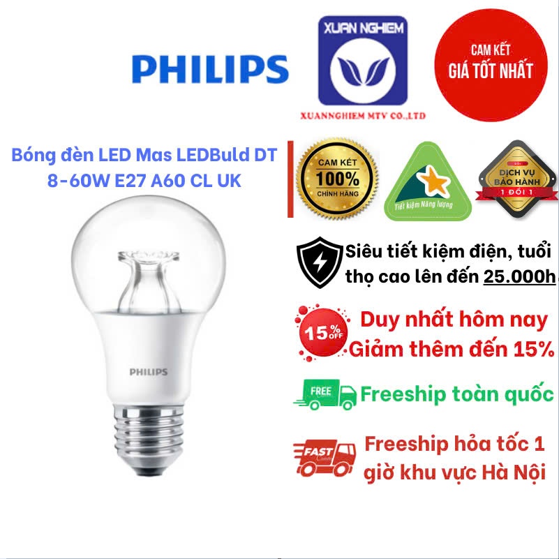 Bóng đèn LED 8W Philips Mas LEDBuld DT 8-60W E27 A60 CL UK