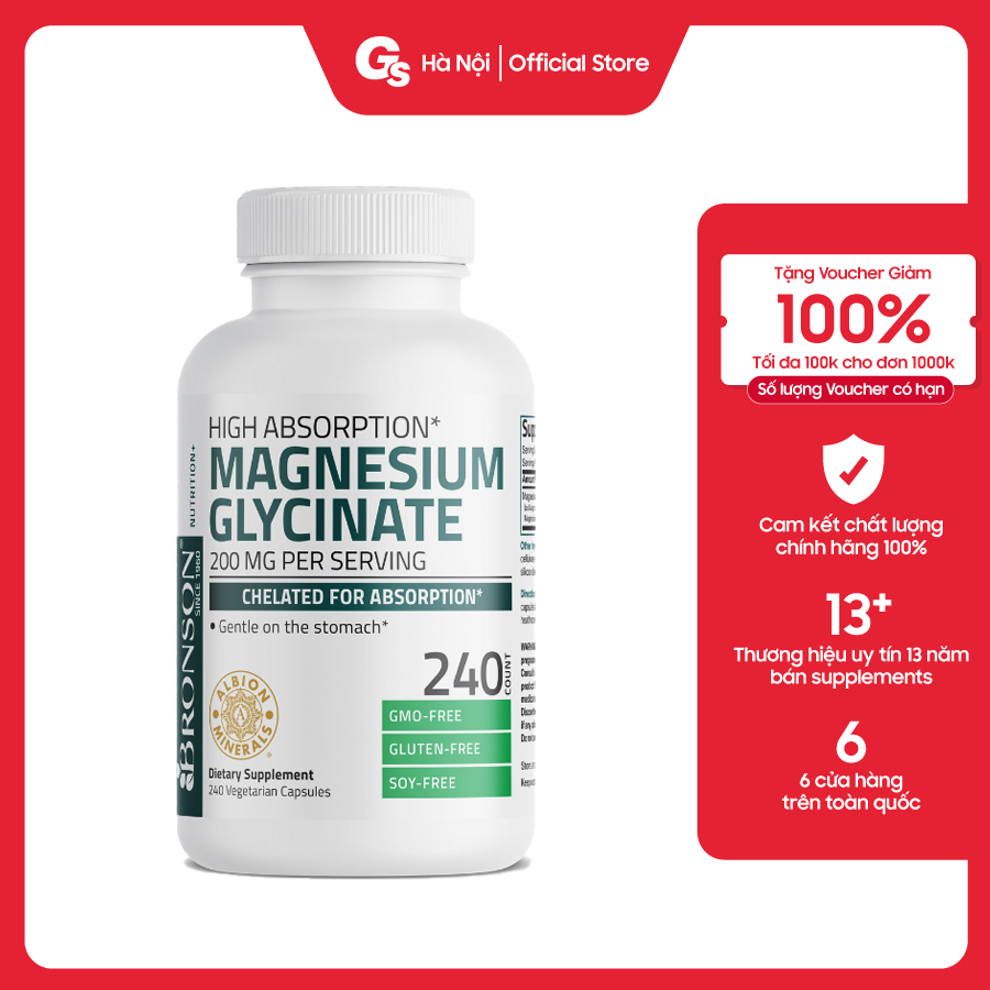 Viên uống Bronson Magnesium Glycinate 200mg - dạng Magie hấp thụt tốt nhất nhập khẩu Mỹ - Gymstore