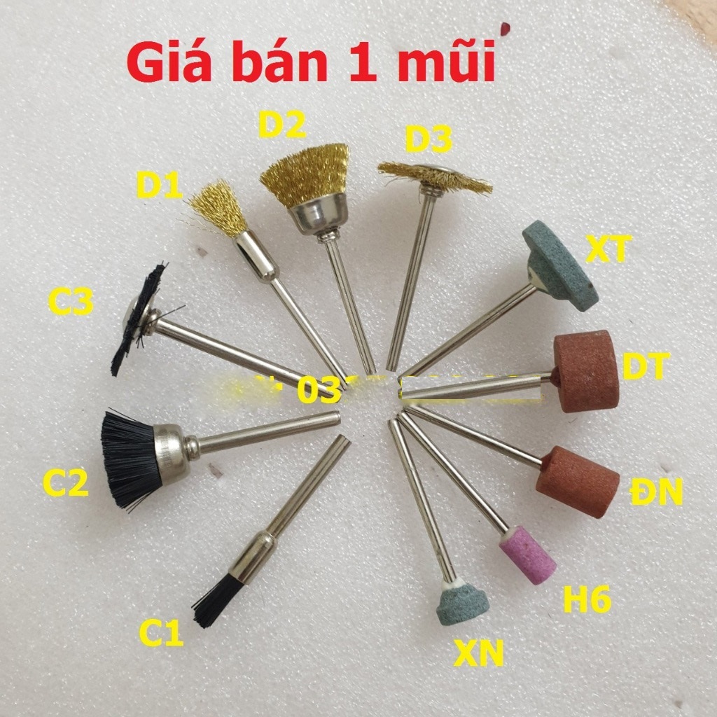 đầu đá mài mini - chổi đồng đánh gỉ hay chổi cước bánh bóng chân cán 3mm