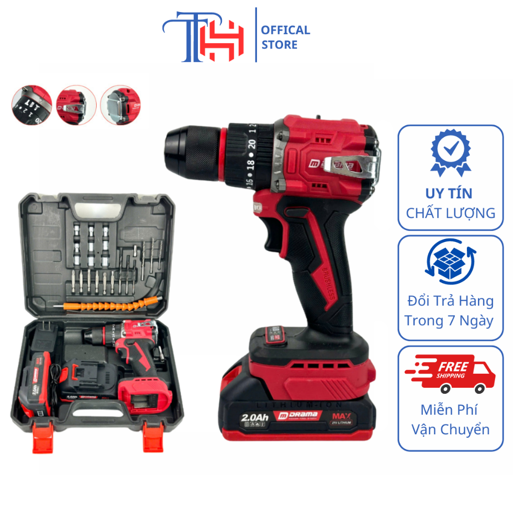 Máy khoan pin DRAMA D-5521, Động cơ Không chổi than, 10mm 3 Chức năng, Có khóa trục và điều tốc siêu