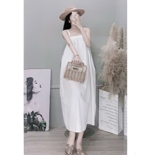 Váy đầm maxi 2 dây bản to chun ngực màu trắng
