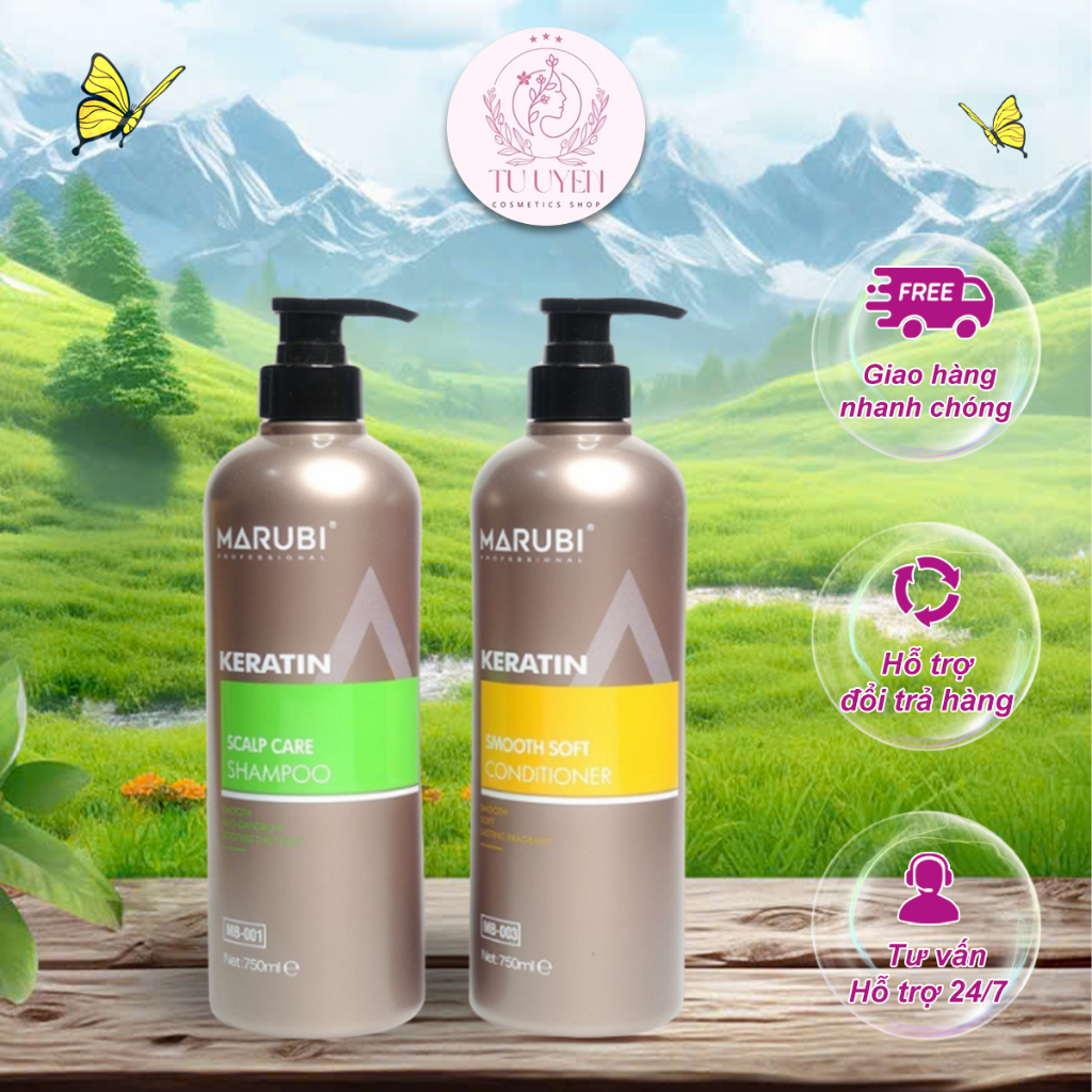 Dầu gội đầu KERATIN MARUBI 750ml cặp dầu gội xả phục hồi hư tổn giảm rụng tóc chính hãng Uyên Dương 