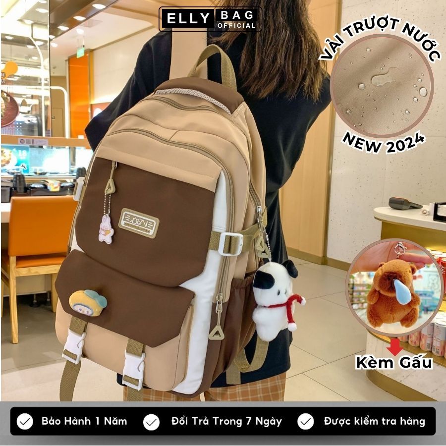 Balo nữ cặp đi học nam nữ ELLY BAG Ba lô vải KÈM GẤU cặp sách nhiều ngăn đựng laptop 15.6inh chống nước phong cách hquốc