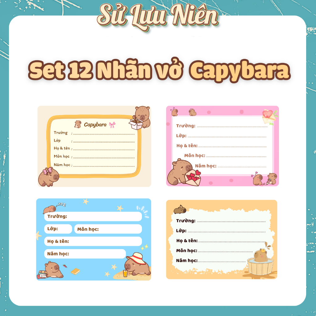 Set 12 nhãn vở Capybara dễ thương nhãn vở chuột lang nước