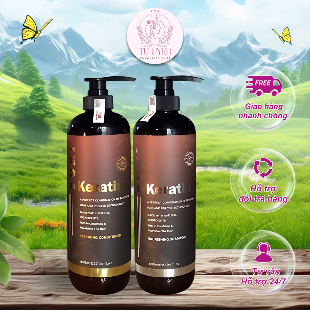 Combo Gội Xả Keratin Yuki 800ml Phục Hồi Tóc Khô Xơ Và Kiềm Dầu Tốt Uyên Dương Cosmetic