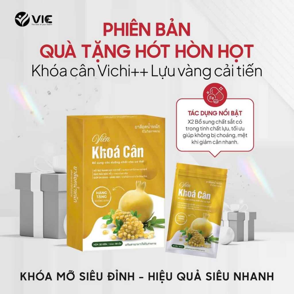 Viên Giảm Cân VICHI++ Phiên Bản Lựu Vàng Cải Tiến 2024 Tặng kèm hộp khoá cân 30 viên- giảm cân cho người chai lờn