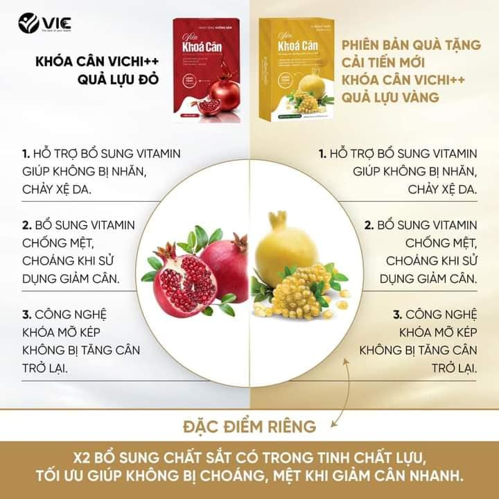 Viên Giảm Cân VICHI++ Phiên Bản Lựu Vàng Cải Tiến 2024 Tặng kèm hộp khoá cân 30 viên- giảm cân cho người chai lờn