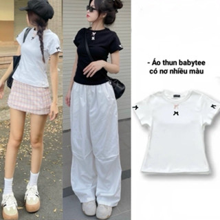 Áo Thun Babytee  Cổ Tròn Tay Ngắn Đính 2 Nơ Cổ Và Tay Áo Form Ôm Body Co dãn