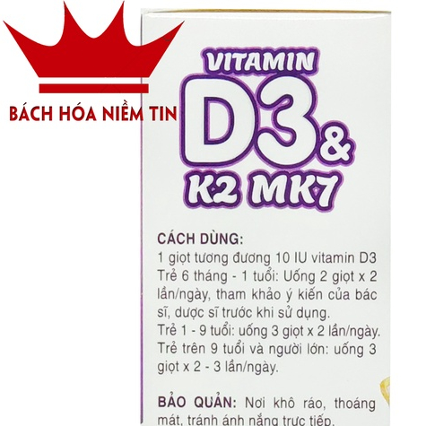 Vitamin D3 K2 Mk7 dạng nhỏ giọt tiện dụng giúp bé hấp thụ canxi tăng trưởng chiều cao, nhanh mọc răng- Lọ 10ml