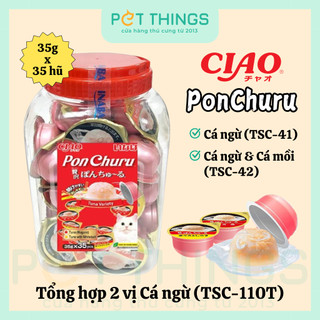 CIAO PON CHURU 35 hũ Snack Thưởng súp mềm ăn vặt bữa phụ cho Mèo Thạch Mềm Cá Ngừ, Hộp 35 hũ x 35g ly nhựa