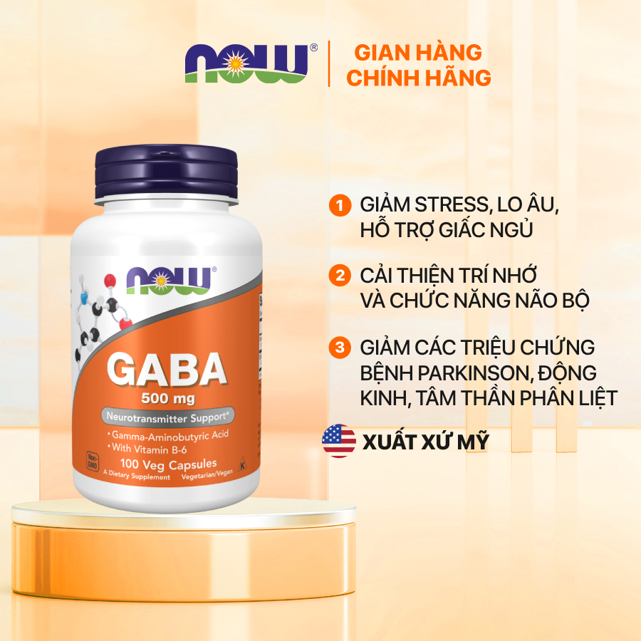 Viên uống giảm căng thẳng GABA Now của Mỹ (100 viên) hỗ trợ chức năng thần kinh, tâm trạng, giấc ngủ