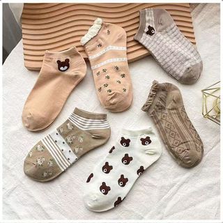 Lố 10 đôi tất gấu kẻ hoa cổ ngắn