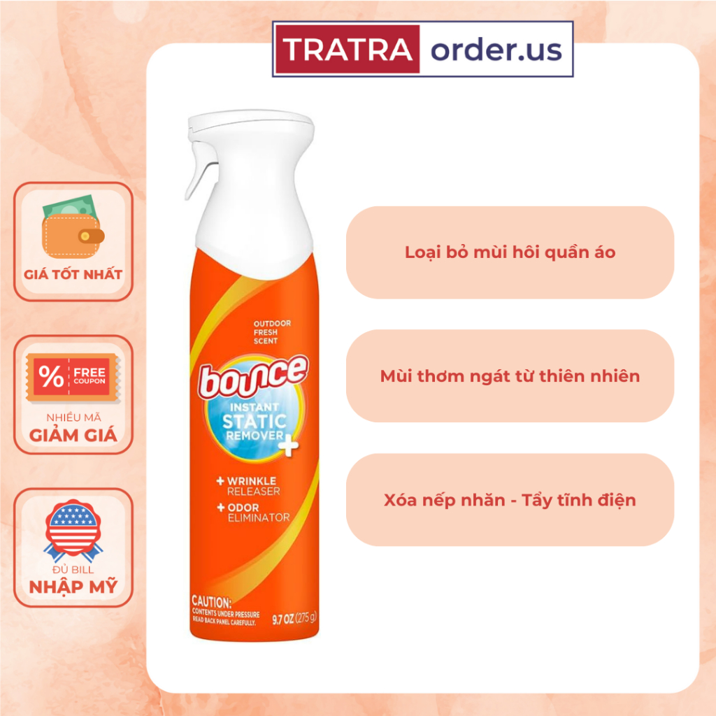 Chai Xịt thơm quần áo Bounce Instant Static Remover 3 in 1 chống nhăn khử mùi loại bỏ tĩnh điện 275g
