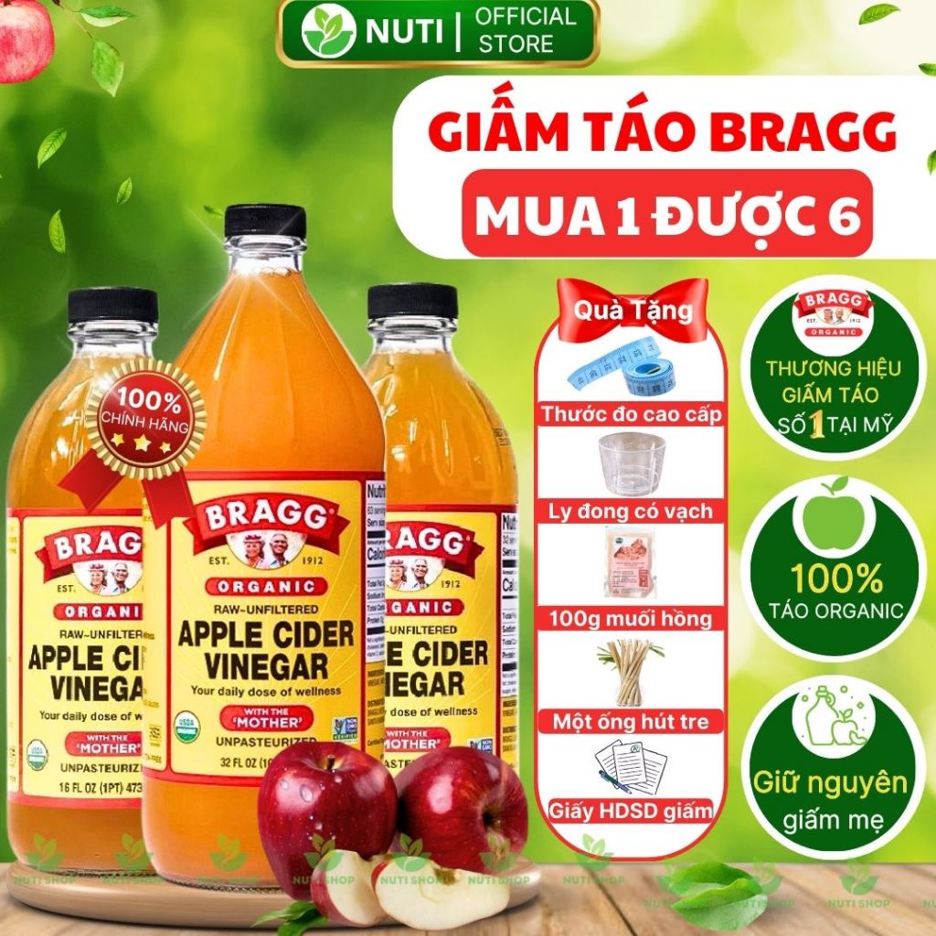 【5 PHẦN QUÀ TẶNG KÈM】Giấm táo hữu cơ Bragg 473ml & 946ml Có Giấm Cái - Dấm Táo Giảm Cân Ăn Kiêng Eatclean Hàng Mỹ Chất