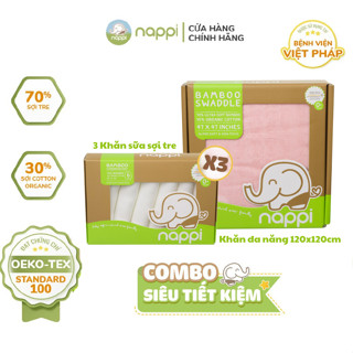 Combo Khăn Sợi Tre Đa Năng Nappi Mềm Mịn (3 Khăn sữa + 1 Khăn đa năng 120x120cm) - Màu ngẫu nhiên