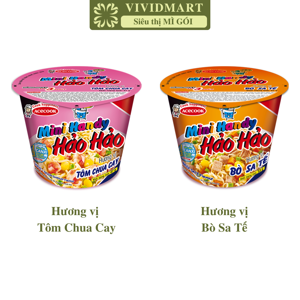 [LY LẺ]-ACECOOK- Mì ly mini Handy Hảo Hảo 2vị: Tôm Chua Cay, Bò Sa Tế (47-53g/ly) Mì Ly Mini Hảo Hảo