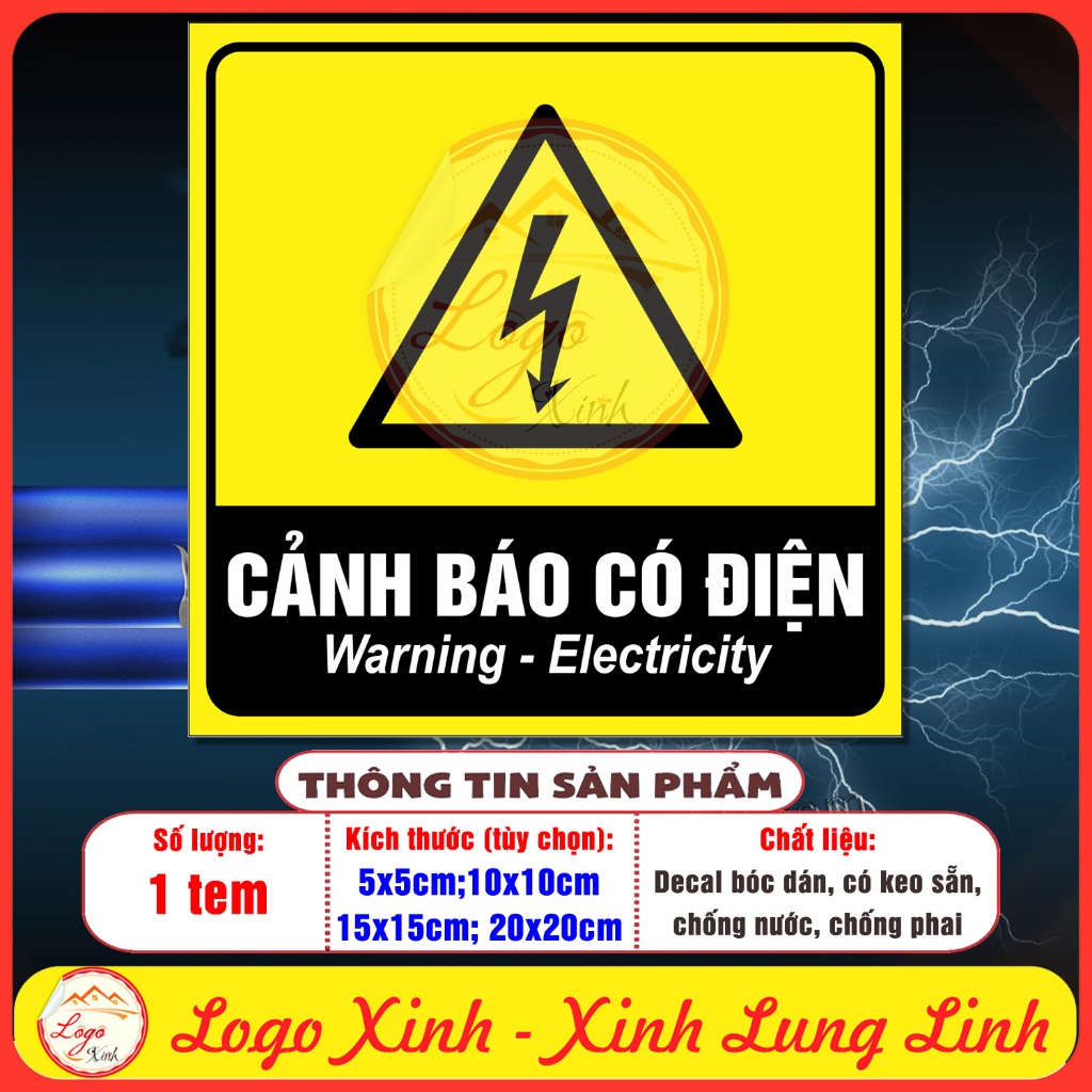 Tem Cảnh Báo Có Điện, Warning Electricity Theo TCVN, Chất Liệu Decal 3 Lớp Chống Nước, Có Keo Dán Sẵn