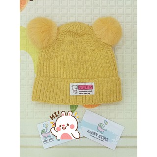 Nón len, mũ len phối 2 cục bông cho bé