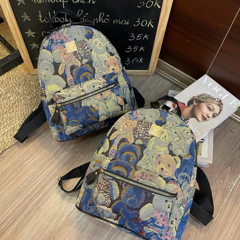 Balo to, balo đi học size 40 hoạ tiết vải gấu xanh cho nam và nữ kiểu dáng cute dễ thương ngăn to rộ