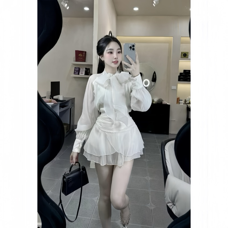 Sét Váy Nữ Almira Tơ Xốp Gồm Áo Sơ Mi Nơ Cổ + Chân Váy Xoè Nhún Tầng | BigBuy360 - bigbuy360.vn