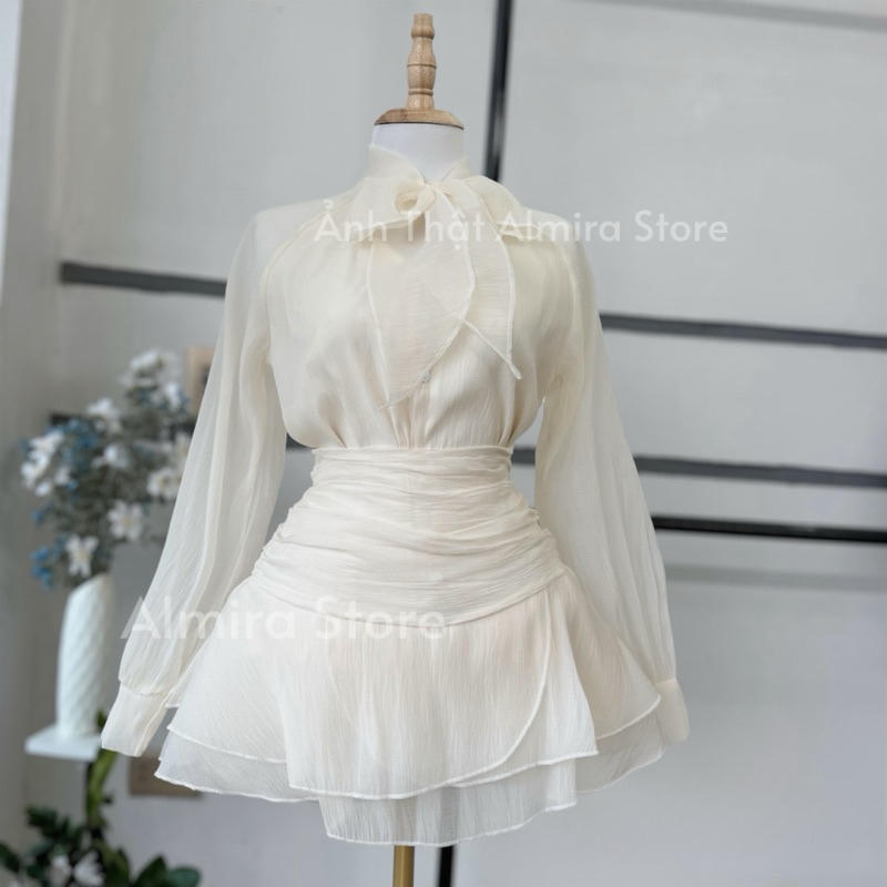 Sét Váy Nữ Almira Tơ Xốp Gồm Áo Sơ Mi Nơ Cổ + Chân Váy Xoè Nhún Tầng | BigBuy360 - bigbuy360.vn