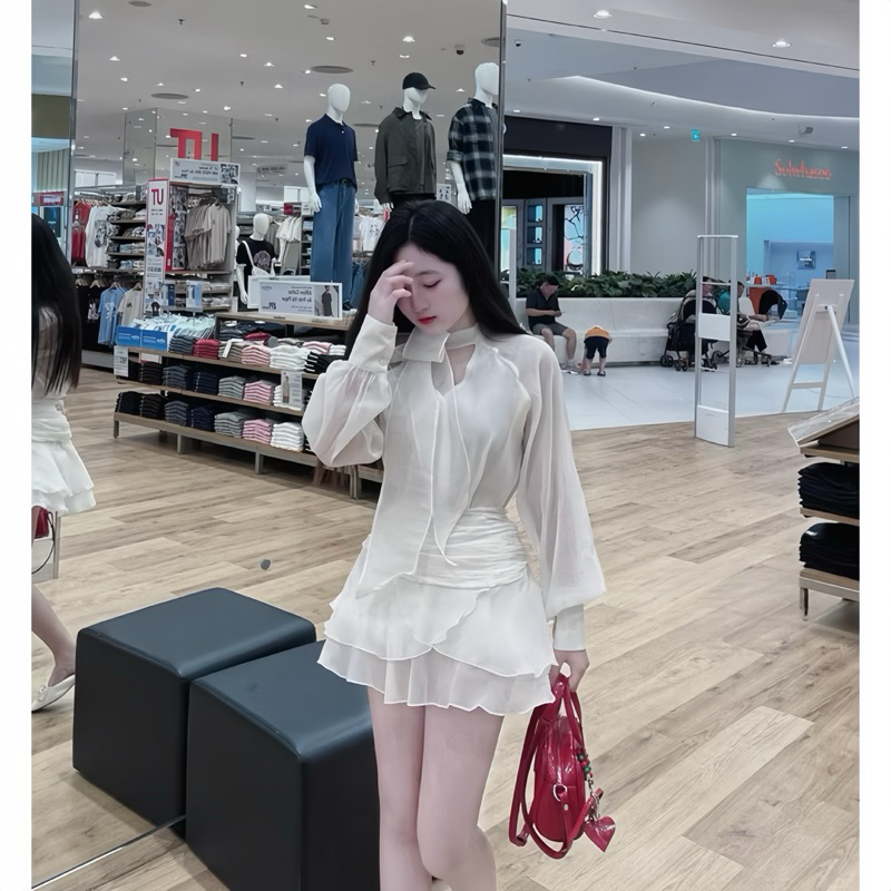 Sét Váy Nữ Almira Tơ Xốp Gồm Áo Sơ Mi Nơ Cổ + Chân Váy Xoè Nhún Tầng | BigBuy360 - bigbuy360.vn