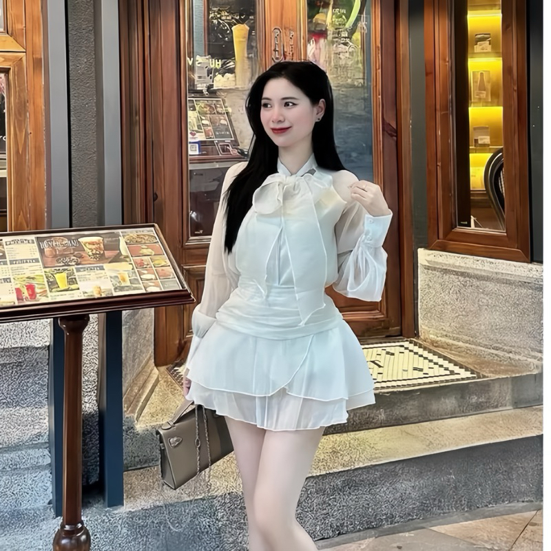 Sét Váy Nữ Almira Tơ Xốp Gồm Áo Sơ Mi Nơ Cổ + Chân Váy Xoè Nhún Tầng | BigBuy360 - bigbuy360.vn