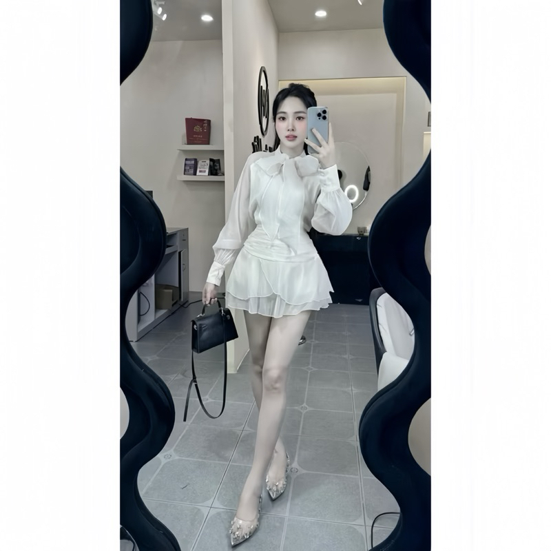 Sét Váy Nữ Almira Tơ Xốp Gồm Áo Sơ Mi Nơ Cổ + Chân Váy Xoè Nhún Tầng | BigBuy360 - bigbuy360.vn